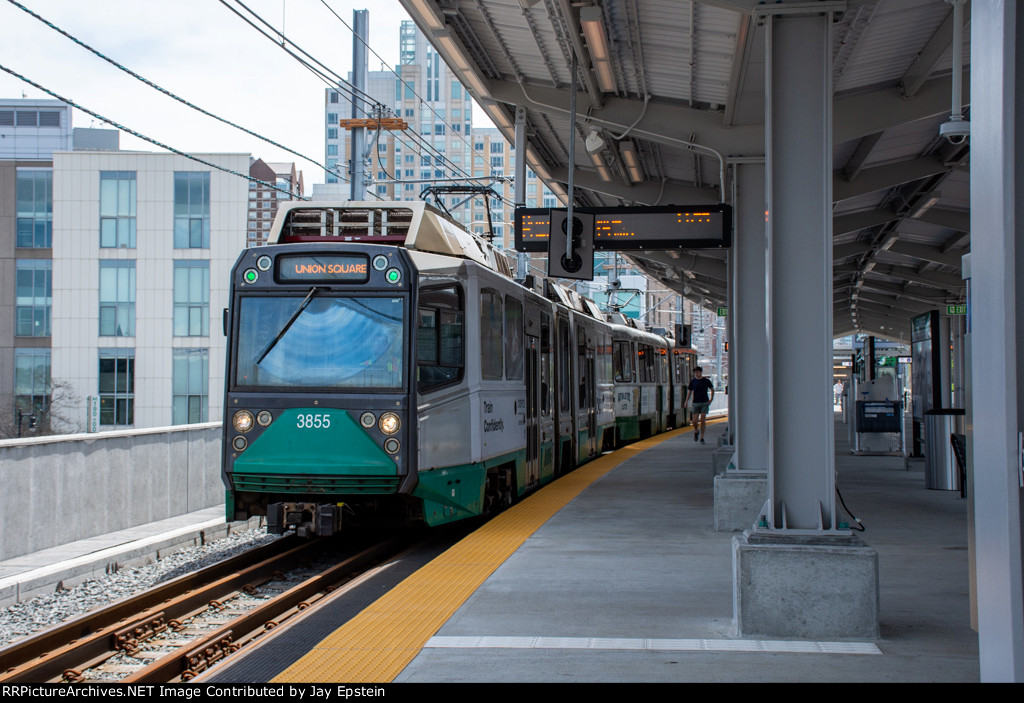 An outbound train arrives at the new Lechmere Station